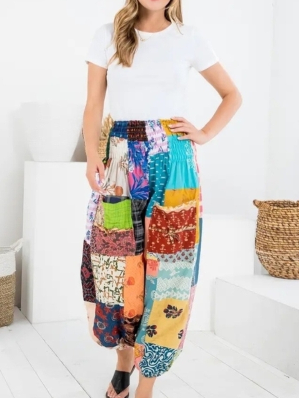 Kathmandu Patchwork Boho Elastic Waist Jogger Pants - Multicolor Handmade India